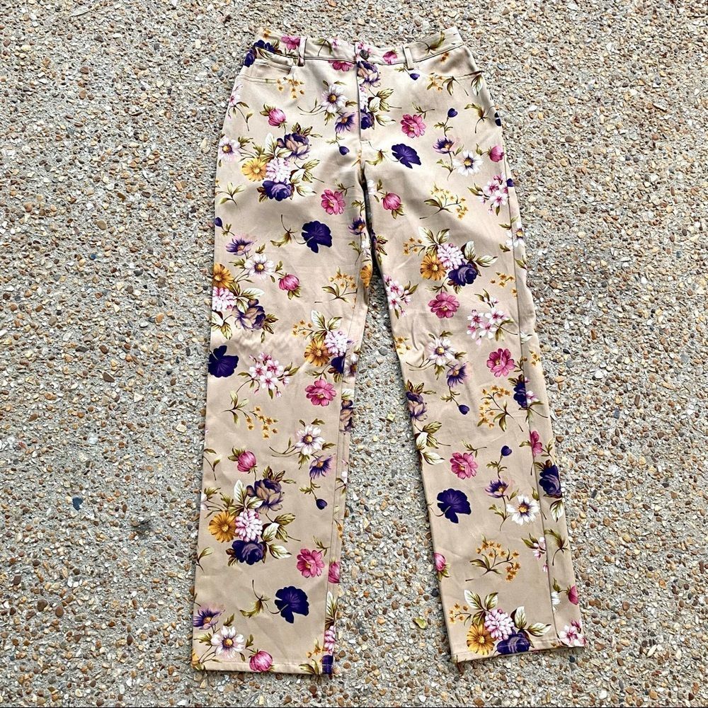 Jones NY Country Stretch Tan Floral Spring Summer Straight Leg Pants Size 8